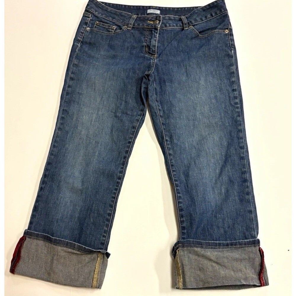 Halogen Women’s Medium Wash Blue Denim Capri Jeans Cuffed 5-Pocket Zip/Button